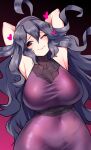  1girl ahoge armpits arms_behind_back arms_behind_head arms_up blush closed_mouth covered_navel gradient gradient_background hair_between_eyes hairband heart hex_maniac_(pokemon) highres kenron_toqueen long_hair one_eye_closed pokemon purple_eyes purple_hair purple_hairband smile solo sweat turtleneck 