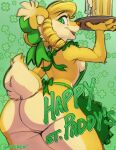  abstract_background alcohol anthro apron apron_only beer beverage blonde_hair bow breasts brown_nose butt cheek_tuft claws clothing clover conditional_dnp cup curled_hair digital_media_(artwork) ear_tuft eyelashes facial_tuft fangs female foam four_leaf_clover fur genitals green_eyes hair hi_res holidays looking_at_viewer looking_back mammal mostly_nude open_mouth pussy rear_view sefeiren side_boob st._patrick&#039;s_day tail_tuft tongue tray tuft ursid yellow_body yellow_fur 