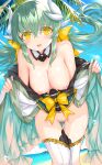  breasts censored fate/grand_order horns japanese_clothes kiyohime_(fate/grand_order) morizono_shiki nipples no_bra nopan open_shirt pussy skirt_lift thighhighs 