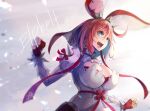  1girl animal_ears blue_eyes bracelet breasts bunny_ears cleavage clover dress elphelt_valentine fingerless_gloves four-leaf_clover gloves guilty_gear guilty_gear_xrd hair_ribbon hairband highres jewelry open_mouth pink_hair pos red_ribbon ribbon short_hair shoulder_spikes spiked_bracelet spiked_hairband spikes white_dress 