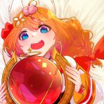  1girl blue_eyes eight-tailed_fox_nari fox_girl grin guardian_tales hair_ornament highres holding holding_weapon long_hair open_mouth orange_hair orb red_ribbon ret ribbon smile teeth upper_teeth weapon 