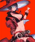  1girl belt black_hair breasts cleavage guilty_gear guilty_gear_strive hat highres i-no jacket large_breasts midriff navel oro_(sumakaita) red_jacket short_hair sunglasses venus_symbol witch_hat 