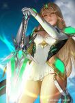  1girl aegis_sword_(xenoblade) bangs bare_legs blonde_hair breasts cleavage cleavage_cutout clothing_cutout cowboy_shot day dress elbow_gloves from_below gloves large_breasts lips long_hair mythra_(xenoblade) nextoad outdoors patreon_username sky solo swept_bangs sword tiara very_long_hair weapon white_dress white_gloves xenoblade_chronicles_(series) xenoblade_chronicles_2 yellow_eyes 