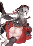  1girl ann_(ann58533111) ass azur_lane black_dress black_legwear braid breasts capelet dress frilled_dress frills from_behind grey_hair highres horns large_breasts layered_dress long_hair looking_back nurnberg_(azur_lane) red_dress red_eyes simple_background solo thighhighs thong twin_braids two-tone_dress very_long_hair white_background 