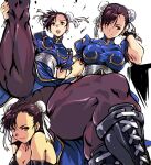  1girl blue_dress boots bracelet breasts brown_eyes brown_hair brown_legwear bun_cover china_dress chinese_clothes chun-li commentary_request covered_nipples crossed_legs double_bun dress earrings flexible gold_trim jewelry kamisimo_90 kneepits large_breasts lipstick looking_at_viewer makeup medium_breasts multiple_views open_mouth pantyhose pelvic_curtain puffy_sleeves sash short_sleeves simple_background smile spiked_bracelet spikes standing standing_on_one_leg street_fighter thighs 