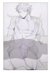  1boy abs absurdres baba-kun boku_no_hero_academia briefs bulge closed_eyes edging_briefs greyscale groin highres large_pectorals lying male_focus male_underwear monochrome muscular muscular_male nipple_slip nipples open_mouth pectorals sleeping solo togata_mirio transparent underwear white_briefs 