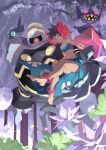  1girl anklet artist_name banette bangs bare_arms barefoot black_hair blue_eyes blue_sarong closed_mouth dark_skin dark_skinned_female dusknoir e_volution elite_four from_below gen_3_pokemon gen_4_pokemon hair_ornament holding holding_poke_ball jewelry mega_pokemon mega_sableye navel phoebe_(pokemon) poke_ball poke_ball_(basic) poke_ball_print pokemon pokemon_(creature) pokemon_(game) pokemon_oras sableye sarong short_hair spiked_hair toes 