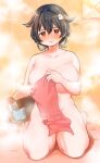  1girl artist_name black_hair blush breasts collarbone dated eyebrows_visible_through_hair groin hair_between_eyes hair_flaps hair_ornament highres jingei_(kancolle) kantai_collection kirisawa_juuzou large_breasts long_hair naked_towel red_eyes solo steam tile_wall tiles towel 