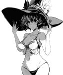  1girl black_panties blush breasts endou_okito greyscale hair_between_eyes hat highres medium_breasts monochrome navel open_mouth original panties short_hair simple_background solo standing string_panties underwear underwear_only white_background witch_hat 