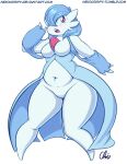  2016 armwear belly blush bodily_fluids bottomless breasts clothed clothing dress featureless_breasts featureless_crotch female fingerless_armwear gardevoir hair humanoid nekocrispy nintendo not_furry open_mouth pok&eacute;mon pok&eacute;mon_(species) red_eyes simple_background solo sweat text thick_thighs url video_games white_background wide_hips 
