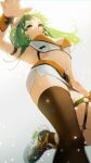  1girl :3 arm_belt belt black_legwear blurry blurry_foreground breasts commentary crop_top depth_of_field from_below goggles goggles_on_head gotoh510 green_eyes green_hair gumi highres leg_up light_particles looking_at_viewer medium_hair microskirt midriff navel shoes single_thighhigh skindentation skirt smile sneakers solo stomach thigh_strap thighhighs underboob vocaloid white_skirt wrist_cuffs 