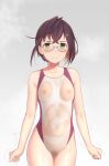  1girl alternate_costume black_hair blue-framed_eyewear blush breasts brown_hair collarbone commentary_request competition_swimsuit cowboy_shot glasses green_eyes highleg highleg_swimsuit highres kantai_collection looking_at_viewer moose_(moosemitchell2) multicolored_hair nipples okinami_(kancolle) one-piece_swimsuit pink_hair see-through short_hair simple_background small_breasts solo standing swimsuit trembling wet wet_clothes white_swimsuit 