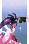  1girl black_hair closed_eyes closed_mouth commentary_request dark_skin dark_skinned_female from_side gloves hair_tie hands_together highres interlocked_fingers iris_(pokemon) long_hair ohds101 outline pokemon pokemon_(game) pokemon_bw2 smile sparkle tied_hair wide_sleeves 