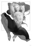  1boy abs absurdres baba-kun boku_no_hero_academia boots cape clenched_teeth costume greyscale highres jumping knee_boots monochrome muscular muscular_male quiff skin_tight solo square superhero teeth togata_mirio 