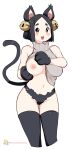  1girl animal_ears bell black_eyes black_gloves black_hair black_legwear black_panties blush blush_stickers breasts cat_ears cat_girl cat_tail gloves hair_bell hair_ornament highres kenron_toqueen lifted_by_self one_breast_out open_mouth original panties patreon_username paw_gloves paws short_hair simple_background smile solo tail teeth thighhighs tongue turtleneck underwear upper_teeth white_background 