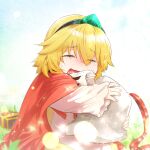  1girl bangs blonde_hair capelet closed_eyes crossed_bangs crying emerald_(gemstone) eyebrows_visible_through_hair guardian_tales hairband helmet highres holding kaho_(amal135) little_princess_(guardian_tales) open_mouth red_capelet short_hair tears 