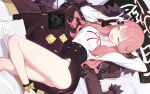  aru_(blue_archive) bed blue_archive brown_eyes gloves long_hair narynn paper phone pink_hair skirt wink 