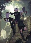  1boy 1girl black_blindfold black_clothes black_dress black_legwear blindfold covered_eyes dress forest leaf nature nier_(series) nier_automata shorts shunkaku sitting_on_wall thighhighs tree wall white_hair yorha_no._2_type_b yorha_no._9_type_s zettai_ryouiki 