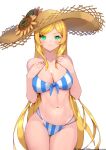  1girl aduo bikini blonde_hair blue_bikini breasts cleavage closed_mouth expressionless eyebrows_visible_through_hair green_eyes guardian_tales hand_on_own_chest hat highres knight_lady_lapice long_hair looking_at_viewer medium_breasts straw_hat swimsuit white_background 