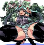  1girl aqua_eyes aqua_hair aqua_neckwear bangs bare_shoulders black_skirt blush cameltoe commentary_request detached_sleeves grey_shirt gundam hand_up hatsune_miku kamisimo_90 long_hair long_sleeves looking_at_viewer mecha mobile_suit_gundam necktie open_mouth panties shirt skirt smile squatting striped striped_panties thighhighs thighs twintails underwear v very_long_hair vocaloid weapon zaku_ii zaku_ii_s_char_custom zettai_ryouiki 