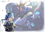  1girl bangs black_gloves blue_eyes blue_hair blush char&#039;s_counterattack crown dress english_commentary eyebrows_behind_hair flat_chest gloves gundam gundam_build_divers gundam_build_divers_re:rise hand_on_own_chest highres hololive hoshimachi_suisei logo_parody mecha mobile_suit one-eyed one_eye_closed open_hand parody partially_fingerless_gloves pinguinkotak plaid plaid_dress plaid_headwear red_eyes sazabi science_fiction side_ponytail title_parody upper_body v-fin virtual_youtuber 