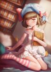  1girl absurdres azur_lane bed blurry blurry_background blush book bookshelf brown_hair collarbone gremyashchy_(azur_lane) hair_rings hat highres huge_filesize looking_at_viewer nozo.me ribbon sitting sleepwear solo stuffed_animal stuffed_toy thighhighs 