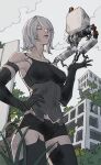  1girl act_(a_moso) android armlet bangs bare_shoulders black_gloves black_legwear black_shorts building closed_eyes cloud elbow_gloves from_below gloves hair_over_one_eye hand_on_hip highres joints mole mole_under_mouth nier_(series) nier_automata outdoors overgrown parted_lips plant pod_(nier_automata) post-apocalypse robot_joints rubble ruins short_hair shorts sky tank_top thighhighs yorha_type_a_no._2 