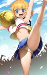  1girl :d alice_margatroid arm_up armpits bangs blonde_hair blue_eyes blue_skirt blue_sky blush breasts cameltoe cheerleader cloud commentary_request confetti cookie_(touhou) crop_top day dutch_angle empty_eyes feet_out_of_frame hair_between_eyes highres kneepits large_breasts leg_up looking_at_viewer navel open_mouth outdoors panties pantyshot people pom_poms shiny shiny_hair shirt short_hair sinzen skirt sky smile solo_focus star_(symbol) star_print tongue touhou underwear upper_teeth v-shaped_eyebrows web_(cookie) white_panties white_shirt 