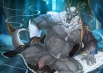  abs anthro antlers asian_mythology balls beard bed blue_eyes blush bodily_fluids canopy_bed claws clothed clothing cum cum_on_chest cum_on_leg cum_on_penis detailed_background dragon east_asian_mythology eastern_dragon facial_hair foreskin furniture genital_fluids genitals grey_body grey_scales hair horn humanoid_genitalia humanoid_penis incense inside lander-laon looking_at_viewer male mature_male musclegut muscular muscular_anthro muscular_male mythology on_bed one_eye_closed open_mouth partially_clothed penis precum pubes robe scales solo sweat uncut white_hair 