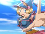  1girl aki_(yunkana) bangs bare_shoulders blue_eyes blush_stickers breasts cleavage cloud commentary_request cosplay dark_magician_girl dark_magician_girl_(cosplay) day eyelashes hat highres light_brown_hair looking_at_viewer open_mouth outdoors outstretched_arm pokemon pokemon_(anime) pokemon_xy_(anime) serena_(pokemon) short_hair sky smile solo spread_fingers tongue wizard_hat yu-gi-oh! 