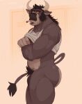  anthro black_hair bottomless bovid bovine brown_body cattle cigarette clothed clothing facial_hair genitals ghoskee hair hi_res horn male mammal muscular muscular_anthro muscular_male penis pubes shirt smoking solo standing tank_top topwear 