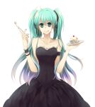  1girl :q armband bangs bare_shoulders black_dress black_ribbon blue_hair cake collarbone dress eto_ichika eyebrows eyebrows_visible_through_hair food fork frilled_armband frilled_hat frills fruit green_eyes green_hair green_nails hair_ornament hair_ribbon hat hatsune_miku headdress highres holding holding_fork holding_plate long_hair looking_at_viewer multicolored_hair nail_polish parted_bangs plate ribbon scrunchie simple_background smile solo strapless strapless_dress tongue tongue_out twintails two-tone_hair vocaloid white_background wristband 