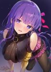  1girl arm_support bb_(fate) bb_(fate)_(all) black_legwear breasts clothing_cutout cosplay fate/extra fate/extra_ccc fate_(series) hair_ribbon highres large_breasts leaning_forward looking_at_viewer pantyhose parted_lips passionlip_(fate) passionlip_(fate)_(cosplay) purple_eyes purple_hair ribbon shoulder_cutout vivi_(eve_no_hakoniwa) 