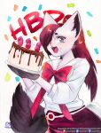  absurd_res anthro bottomwear bow_tie cake clothed clothing confetti dessert english_text fangs felid feline female food fruit fully_clothed fur gloves hair hair_over_eye handwear hi_res holding_food holding_object long_hair looking_at_viewer mammal murazaki one_eye_obstructed open_mouth painting_(artwork) plant ponytail shirt simple_background skirt smile solo standing strawberry text tongue topwear traditional_media_(artwork) watercolor_(artwork) white_background 