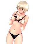  1girl bangs black_bra black_panties blonde_hair blush bra brave_witches breasts brown_eyes cleavage cowboy_shot dutch_angle eyebrows_visible_through_hair frown grabbing_own_breast large_breasts looking_at_viewer navel panties parted_lips short_hair simple_background solo standing tanaka_rikimaru underwear underwear_only waltrud_krupinski white_background world_witches_series 