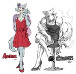 anthro barstool beastars canid canine canis cigarette clothed clothing crossdressing dress furniture hi_res high_heels legoshi_(beastars) looking_at_viewer male mammal muscular muscular_anthro muscular_male smoking solo stool text wolf yuzuki_fang111 