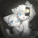  ambiguous_gender anthro black_background blue_eyes canid canine canis changed_(video_game) chano duo fish fur grey_body hair hug lamp lantern lin_(changed) male mammal marine open_mouth scared shark shark_tail simple_background stripes the_shark_(changed) white_body white_fur white_hair wolf 