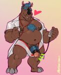  &lt;3 absurd_res anthro belly big_belly blue_hair brown_body chest_tuft clothed clothing doctor genitals hair hi_res horn male mammal marlon.cores medical_instrument mordechai musclegut muscular muscular_anthro muscular_male navel nipple_piercing nipples open_clothing open_topwear pecs penis piercing rhinocerotoid scientific_instrument slightly_chubby solo topwear tuft underwear 