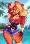  2021 activision anthro bandage bandicoot beach beauty_mark belt black_nose blonde_hair bottomwear choker clothed clothing crash_bandicoot_(series) cutoffs denim denim_clothing detailed_background ear_piercing eyeshadow female fingerless_gloves fur gloves green_eyes hair hair_over_eye half-closed_eyes hand_behind_head handwear hi_res hotpants jewelry long_hair looking_at_viewer makeup mammal marsupial multicolored_body multicolored_fur narrowed_eyes necklace one-piece_swimsuit one_eye_obstructed orange_body orange_fur outside palm_tree piercing plant seaside shirt shorts signature smile solo swimwear t-shirt tan_body tan_fur tawna_bandicoot topwear tree two_tone_body two_tone_fur video_games water wraps z0mbieraptor 