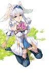  1girl bangs blue_eyes blush braid breasts crown_braid curly_hair gloves head_wings highres ibaraki_shun juliet_sleeves long_hair long_sleeves looking_at_viewer medium_breasts melia_antiqua o-ring puffy_sleeves silver_hair smile solo thighhighs xenoblade_chronicles xenoblade_chronicles:_future_connected xenoblade_chronicles_(series) 