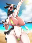  anthro big_breasts bikini blue_eyes bovid bovine breasts cattle clothed clothing collar curvy_figure female hi_res holstein_friesian_cattle horn mammal nabesiki nipples open_mouth outside pose raised_arm skimpy solo swimwear thick_thighs voluptuous 