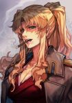  1girl aqua_eyes balalaika_(black_lagoon) black_lagoon blonde_hair breasts cigar cleavage coat formal hungry_clicker large_breasts lips long_hair looking_at_viewer mole mole_under_eye pant_suit scar scar_across_eye smoking solo suit traditional_media upper_body 