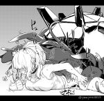  1girl animal_ears arknights blush bottomless breasts choker from_behind grabbing greyscale highres implied_sex lion_ears lying monochrome monster on_ground on_stomach originium_slug_(arknights) ponytail rape sex shirt siege_(arknights) solo sweat tentacle_grab tentacle_sex tentacles ymayma00ss yom 