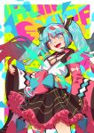  1girl black_skirt blue_eyes blue_hair gradient_hair hatsune_miku head_tilt headphones headset highres hooded_kimono japanese_clothes keenbiscuit kimono leaning_back looking_down multicolored_hair open_mouth pink_kimono red_hair skirt sleeves_past_wrists solo vocaloid white_kimono wide_sleeves 