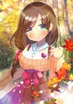  1girl akiba_pockeii autumn_leaves bangs bare_shoulders blurry blurry_foreground blush bow breasts brown_hair brown_skirt brown_sweater closed_mouth collared_shirt commentary_request depth_of_field eyebrows_visible_through_hair eyes_visible_through_hair forest green_eyes hair_bow hair_over_one_eye hand_up heart high-waist_skirt indie_virtual_youtuber kouu_hiyoyo leaf long_hair long_sleeves looking_at_viewer maple_leaf medium_breasts nature off-shoulder_sweater off_shoulder pleated_skirt puffy_long_sleeves puffy_sleeves red_bow shirt skirt sleeveless sleeveless_shirt sleeves_past_wrists smile solo sweater tree white_shirt 