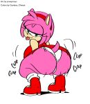  amy_rose anonymous_artist anthro big_butt blep blush butt clothed clothing crouching eulipotyphlan female footwear green_eyes hedgehog hi_res huge_butt looking_at_viewer looking_back mammal motion_lines onomatopoeia panties rear_view shaking_butt simple_background solo sonic_the_hedgehog_(series) sound_effects text tongue tongue_out underwear unknown_artist 