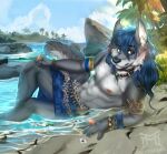  2021 5_fingers anthro arm_jewelry arm_support armband athletic athletic_anthro athletic_male beach black_nose blue_eyes blue_hair bracelet canid canine canis clothed clothing countershade_face countershade_torso countershading digit_ring digital_media_(artwork) feet_in_water fingers fur grey_body grey_fur hair humanoid_hands inner_ear_fluff jewelry long_hair looking_at_viewer lying maku_(masterofwolves99) male mammal moonabel multicolored_body multicolored_fur necklace nipples on_side outside palm_tree pecs pinup plant pose sarong seaside signature solo topless topless_male tree tropical tuft two_tone_body two_tone_fur water wet wet_body wet_fur white_body white_countershading white_fur wolf 