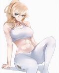  1girl abs arm_support bare_arms blonde_hair breasts cleavage closed_mouth expressionless genshin_impact highres jean_gunnhildr_(genshin_impact) large_breasts long_hair looking_at_viewer midriff pants ponytail sidelocks simple_background sitting solo tank_top tommy_(kingdukeee) white_legwear white_pants white_tank_top 