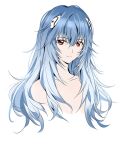  alternate_hair_length alternate_hairstyle ayanami_rei blue_hair da_huang eva_00 hair_between_eyes interface_headset long_hair neon_genesis_evangelion red_eyes smile topless upper_body white_background 