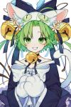  ahoge animal_ear_fluff animal_ears animal_hat apron bangs bare_shoulders bell beul blue_bow blue_kimono blue_neckwear bow bowtie cat_ears cat_hat cat_paws choker dejiko di_gi_charat flower_ornament green_eyes green_hair grin hair_bell hair_ornament hands_together hat highres japanese_clothes jingle_bell kimono long_sleeves loose_clothes neck_bell parted_bangs paws ribbon_choker short_hair simple_background smile teeth white_background white_neckwear 